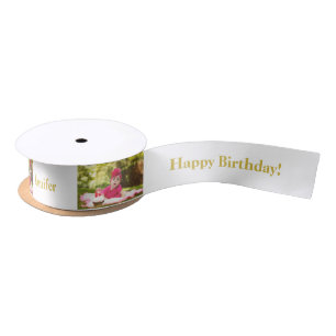 Happy Birthday Custom Photo and name Gold & White Satin Ribbon