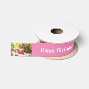 Happy Birthday Custom Photo and name white & Pink Satin Ribbon