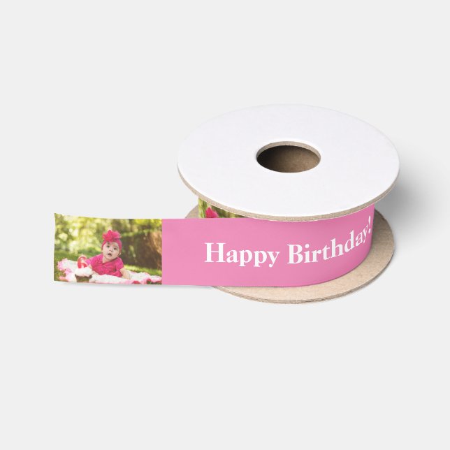 Happy Birthday Custom Photo and name white & Pink Satin Ribbon (Spool)
