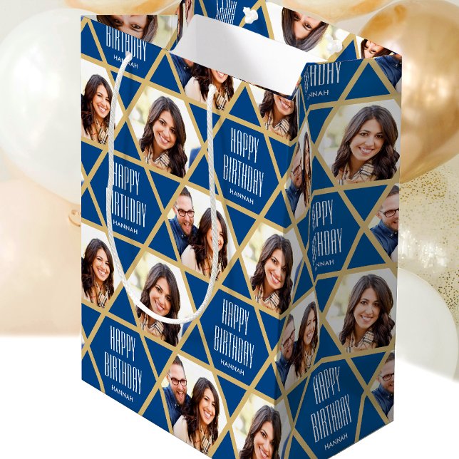 Happy Birthday Custom Photo Name Star Pattern Blue Medium Gift Bag (Creator Uploaded)
