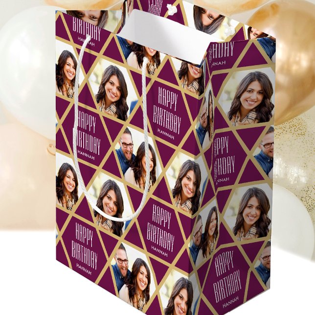 Happy Birthday Custom Photo Name Star Pattern Plum Medium Gift Bag (Creator Uploaded)