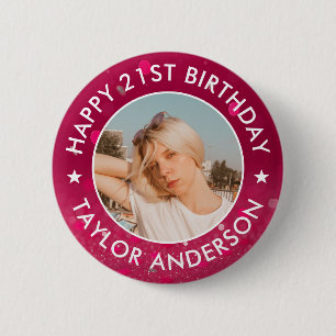 Happy Birthday Custom Photo Pink Confetti 2 Inch Round Button