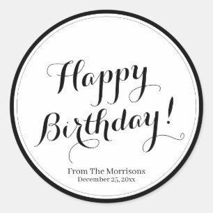 Happy Birthday custom script name black border Classic Round Sticker
