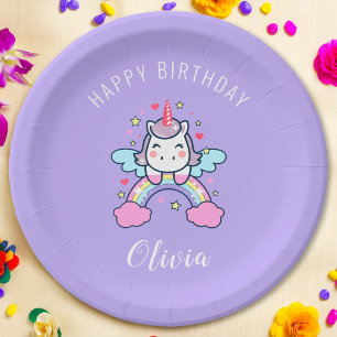 Happy Birthday Custom Text Cute Rainbow Unicorn Paper Plate