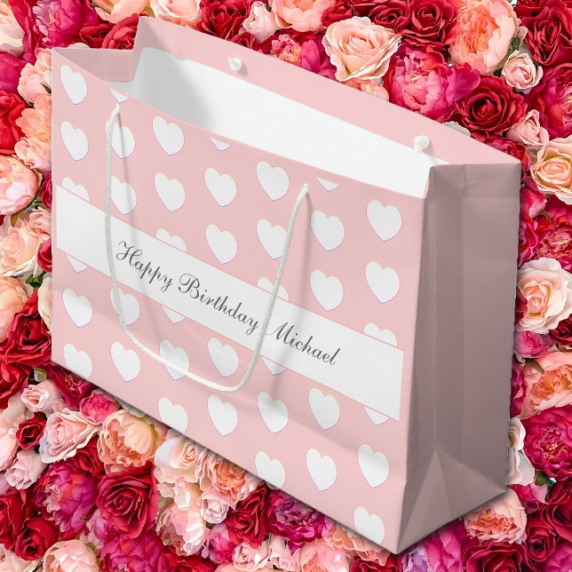 Happy Birthday Custom Text Elegant Hearts Pattern Large Gift Bag (Creator Uploaded)
