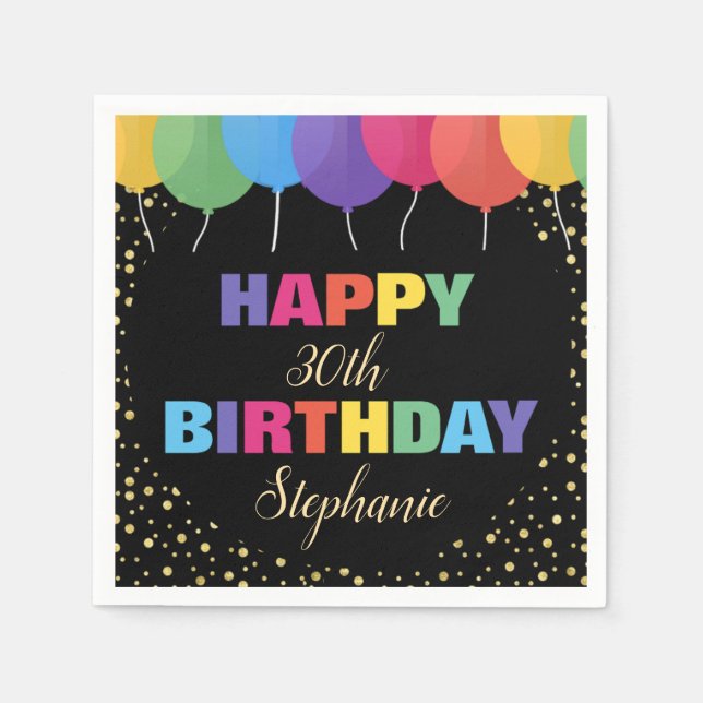 Happy Birthday Custom Year Name Colourful Balloons Napkin (Front)