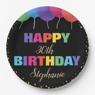 Happy Birthday Custom Year Name Colourful Balloons Paper Plate
