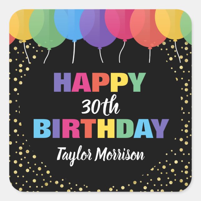 Happy Birthday Custom Year Name Colourful Balloons Square Sticker (Front)