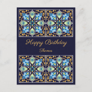 Happy Birthday customizable blue Azulejos ,  Postc Postcard