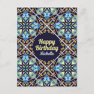 Happy Birthday customizable blue Azulejos  Postcard