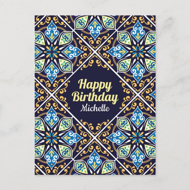 Happy Birthday customizable blue Azulejos  Postcard (Front)