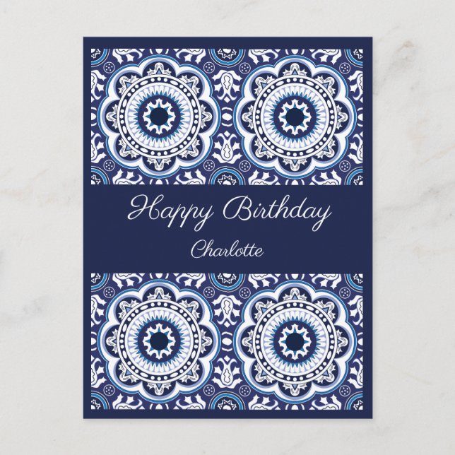 Happy Birthday customizable blue Azulejos Postcard (Front)