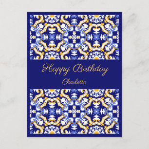 Happy Birthday customizable blue Azulejos  Postcard