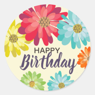 Happy Birthday customize name spring flowers Classic Round Sticker