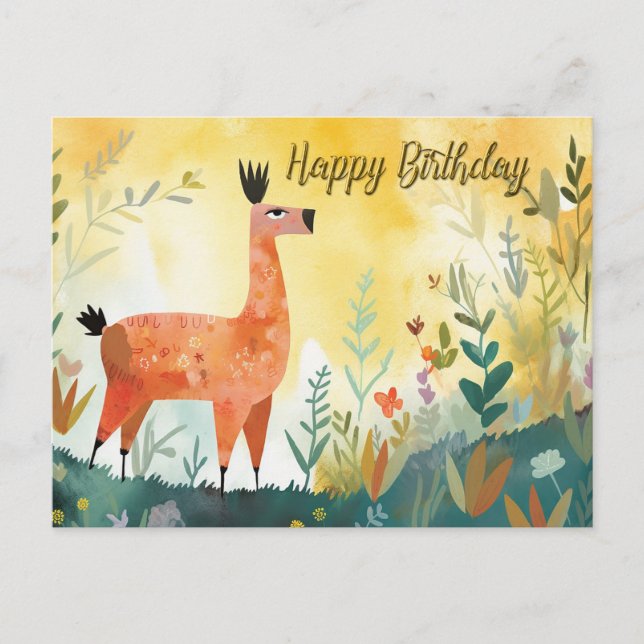 Happy Birthday Cute Alpaca and Abstract Nature  Postcard (Front)