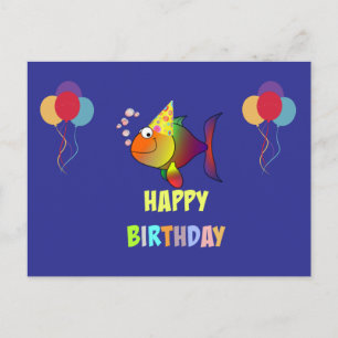 Happy birthday, cute and colorful cartoon fish postcard