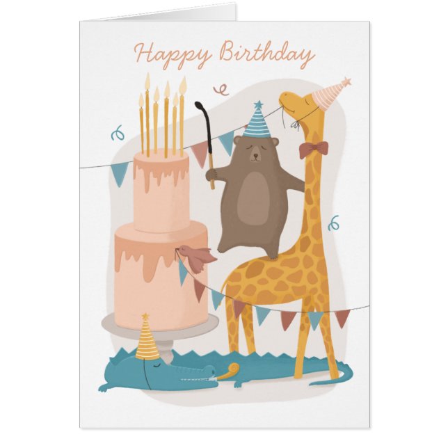 Happy birthday. Cute animals. Funny bear giraffe (Front)