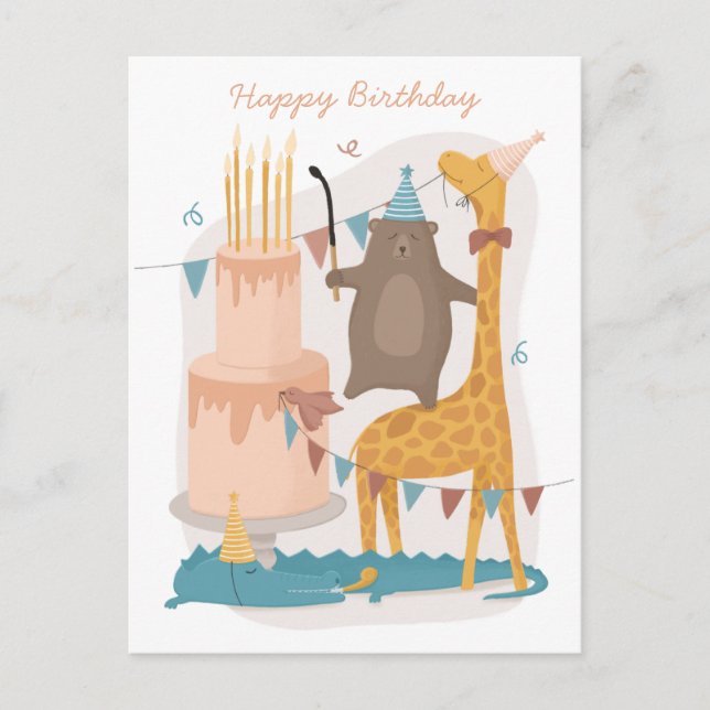 Happy birthday. Cute animals. Funny bear giraffe Postcard (Front)