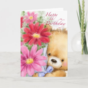 Happy Birthday, Cute Bear Holding Flowers. Card