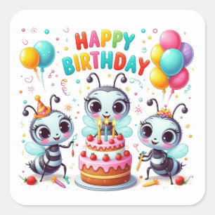 Happy Birthday Cute Bees Celebrating  Square Sticker