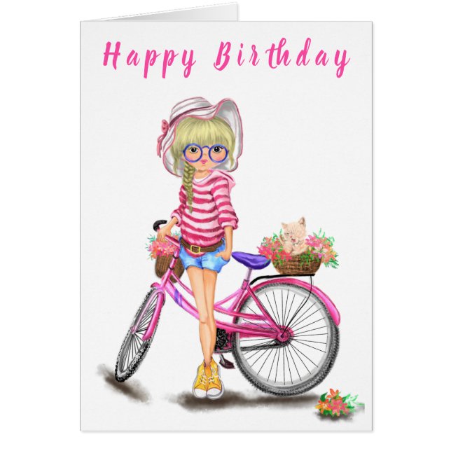Happy Birthday - Cute Blonde Girl with Pink Bike  (Front)