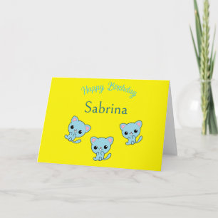 Happy birthday cute bouncy blue kittens yellow card