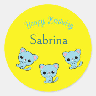 Happy birthday cute bouncy blue kittens yellow classic round sticker