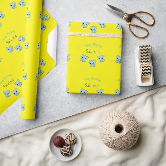 Happy birthday cute bouncy blue kittens yellow wrapping paper (Crafts)