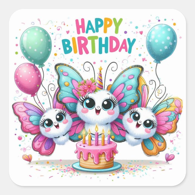 Happy Birthday Cute Butterflies Celebrating Square Sticker (Front)