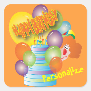 Happy Birthday Cute Cartoon Clown for Kids Square Sticker