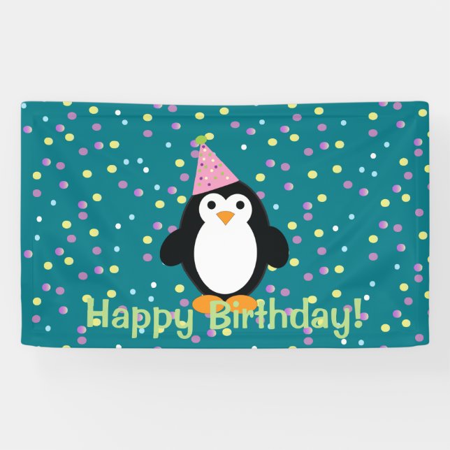 Happy Birthday Cute Cartoon Party Penguin Banner (Horizontal)