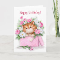 Happy Birthday, cute cat in flower box