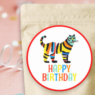 Happy Birthday Cute Colorful Tiger Cat Classic Round Sticker