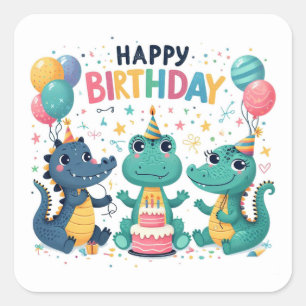 Happy Birthday Cute Crocodiles Celebrating Square Sticker