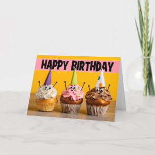 Happy Birthday Cute Cupcakes in Party Hats Holiday Card