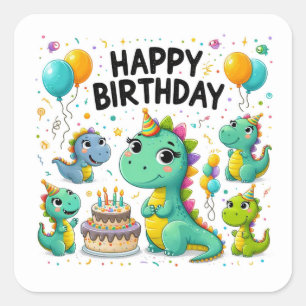 Happy Birthday Cute Dinosaurs Celebrating  Square Sticker