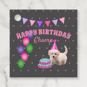 Happy Birthday  cute dog  with cake polka dots  Favour Tags
