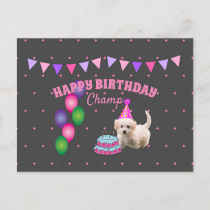 Happy Birthday cute dog with cake polka dots Postcard