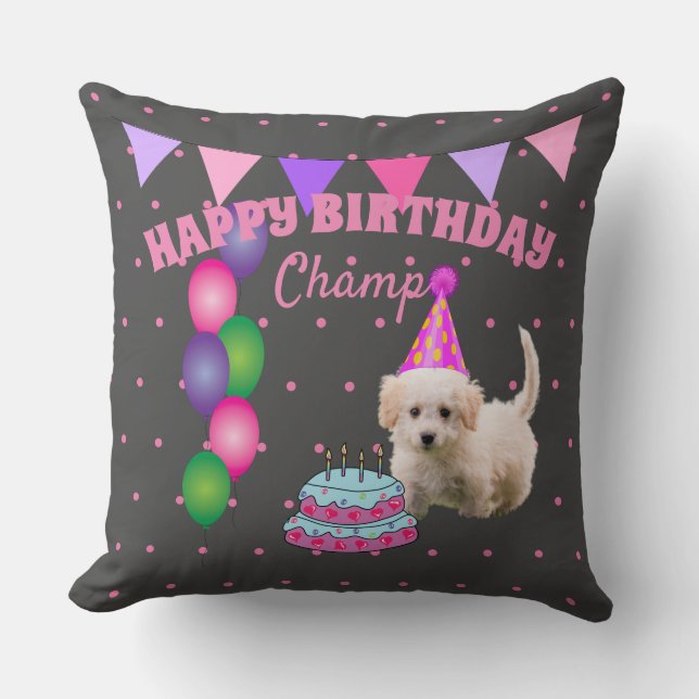 Happy Birthday  cute dog  with cake polka dots Throw Pillow (Front)