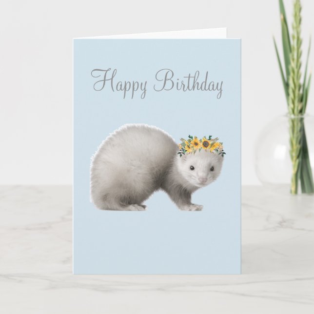 Happy Birthday Cute Ferret Sunflower Crown Card (Front)