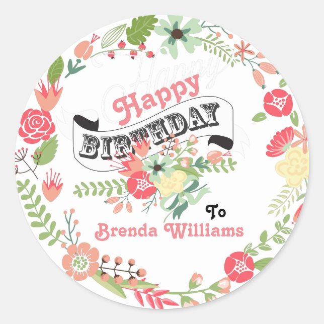 Happy Birthday Cute Floral Wreath Classic Round Sticker (Front)