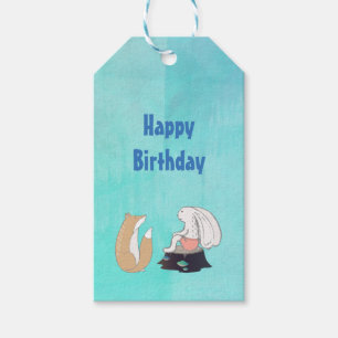 Happy Birthday Cute Fox and Rabbit Illustration Gift Tags