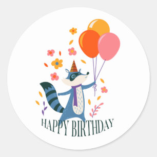 Happy Birthday Cute Fox Illustration Classic Round Sticker