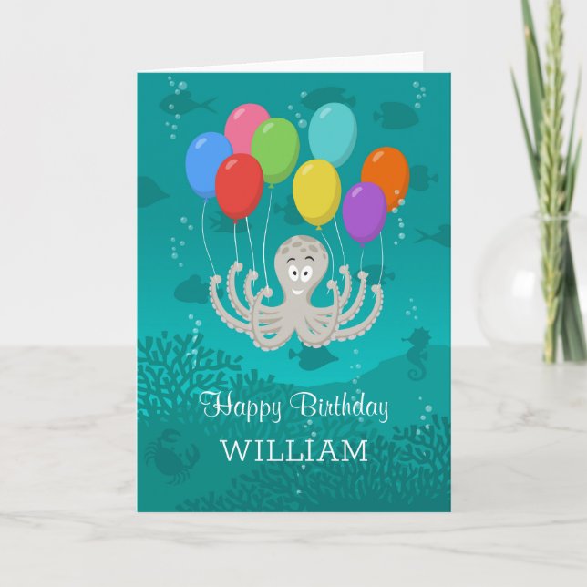 Happy Birthday Cute Funny Octopus Cartoon Balloons Card (Front)