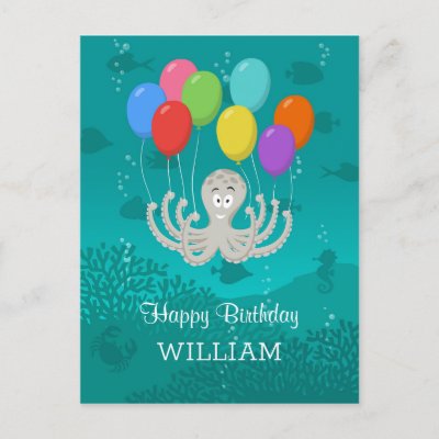 Happy Birthday Cute Funny Octopus Cartoon Balloons
