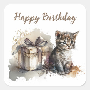 Happy Birthday   Cute Gray Kitten and Gift Square Sticker