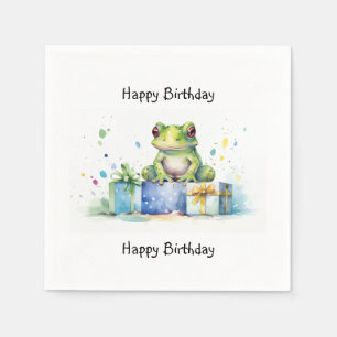 Happy Birthday Cute Green frog with wrapped gifts Napkin