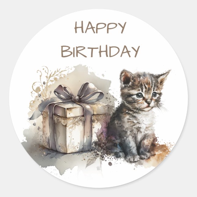 Happy Birthday | Cute Grey Kitten and Gift Classic Round Sticker (Front)
