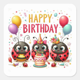 Happy Birthday Cute Ladybugs Celebrating  Square Sticker