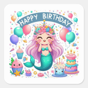Happy Birthday Cute Mermaid Celebrating  Square Sticker